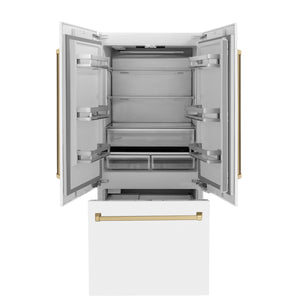 ZLINE KITCHEN & BATH Counter-Depth 19.6-cu ft 3 -Door Built-In French Door Refrigerator with Ice Maker with Water Dispenser ( Stainless Steel with White Matte door and Champagne Bronze Accent handle ) ENERGY STAR Certified