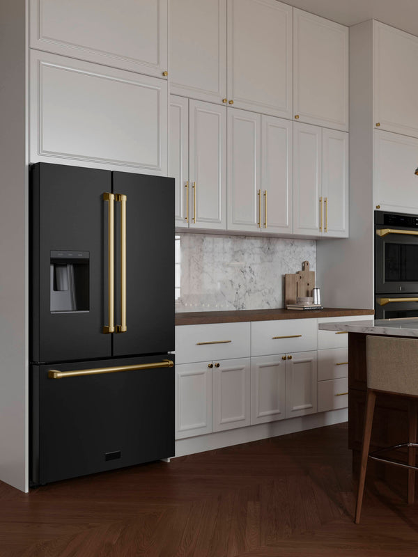 ZLINE KITCHEN & BATH Standard-Depth 28.9-cu ft 3 -Door French Door Refrigerator with Ice Maker with Water and Ice Dispenser ( Black Stainless Steel with Polished Gold Handle ) ENERGY STAR Certified