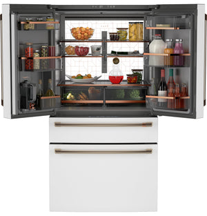 Cafe Standard-Depth Matte White with Brushed Bronze Handles 28.7-cu ft 4 -Door Smart Compatible French Door Refrigerator with Ice Maker with Water Dispenser ( Matte White ) ENERGY STAR Certified
