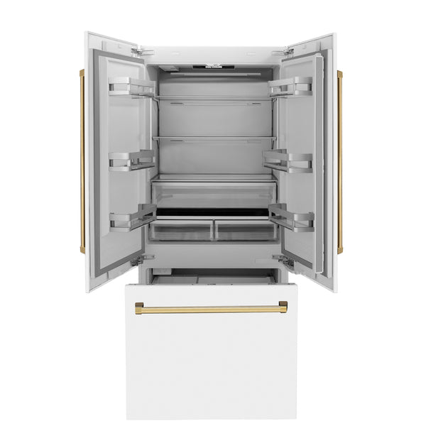 ZLINE KITCHEN & BATH Counter-Depth 19.6-cu ft 3 -Door Built-In French Door Refrigerator with Ice Maker with Water Dispenser ( Stainless Steel with a White Matte door and Polished Gold Handle ) ENERGY STAR Certified