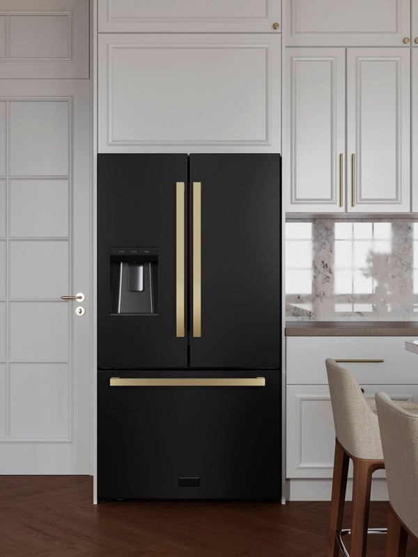 ZLINE KITCHEN & BATH Standard-Depth 28.9-cu ft 3 -Door French Door Refrigerator with Ice Maker with Water and Ice Dispenser ( Black Stainless Steel with Flat Champagne Bronze Handles ) ENERGY STAR Certified