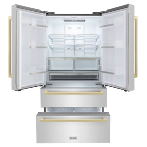 ZLINE KITCHEN & BATH Counter-Depth 22.5-cu ft 4 -Door French Door Refrigerator with Ice Maker ( Stainless Steel with flat Champagne Bronze Accent Handles ) ENERGY STAR Certified