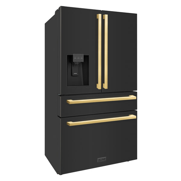 ZLINE KITCHEN & BATH Counter-Depth 21.6-cu ft 4 -Door French Door Refrigerator with Ice Maker with Water and Ice Dispenser ( Black Stainless Steel with Flat Polished Gold Handle ) ENERGY STAR Certified