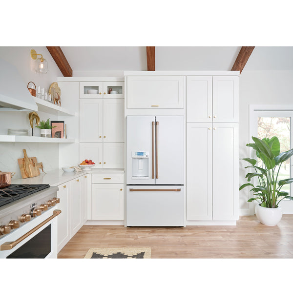Cafe Standard-Depth 27.8-cu ft 3 -Door Smart Compatible French Door Refrigerator with Ice Maker with Water and Ice Dispenser ( Matte White with Brushed Bronze Handles ) ENERGY STAR Certified