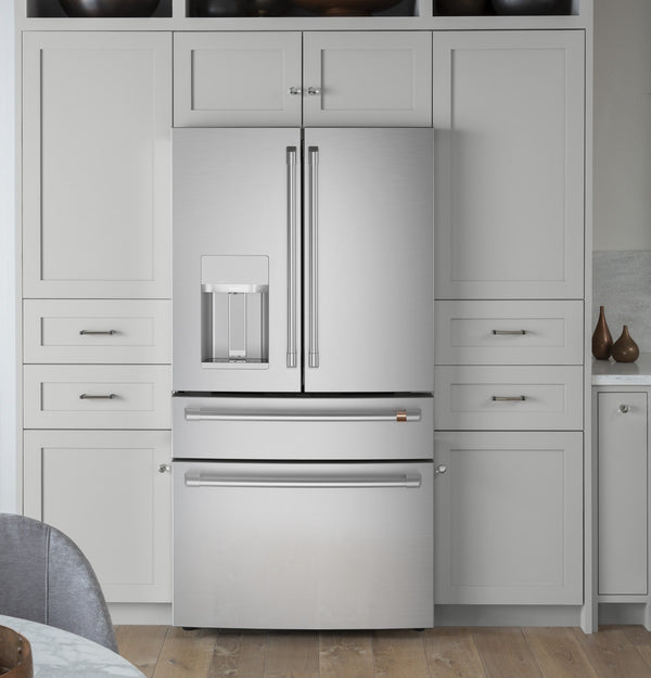 Cafe Standard-Depth 27.8-cu ft 4 -Door Smart Compatible French Door Refrigerator with Ice Maker with Water and Ice Dispenser ( Stainless Steel ) ENERGY STAR Certified