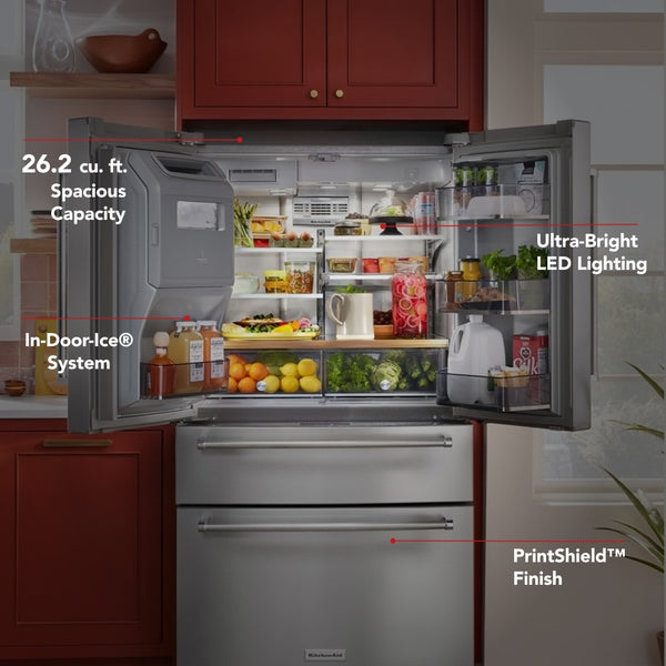 KitchenAid Standard-Depth 26.2-cu ft 4 -Door French Door Refrigerator with Ice Maker with Water and Ice Dispenser ( PrintShield Stainless )