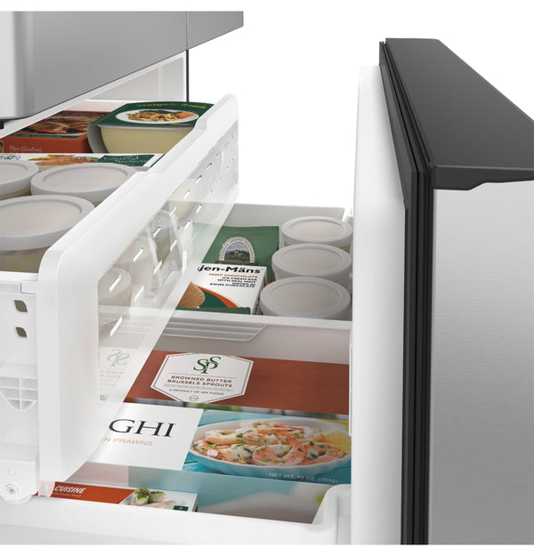 Cafe Standard-Depth Hot Water Dispenser 27.8-cu ft 3 -Door Smart Compatible French Door Refrigerator with Ice Maker with Water and Ice Dispenser ( Stainless Steel with Brushed Stainless Handles ) ENERGY STAR Certified