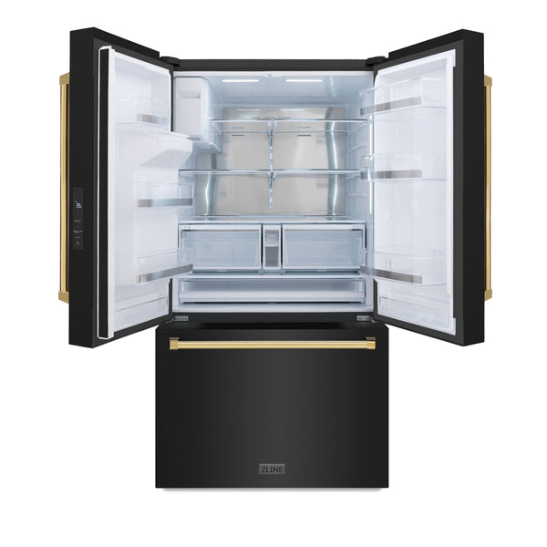 ZLINE KITCHEN & BATH Standard-Depth 28.9-cu ft 3 -Door French Door Refrigerator with Ice Maker with Water and Ice Dispenser ( Black Stainless Steel with Polished Gold Handle ) ENERGY STAR Certified