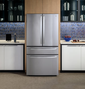 GE Profile Counter-Depth 23.2-cu ft 4 -Door Smart Compatible French Door Refrigerator with Ice Maker with Water Dispenser ( Stainless Steel ) ENERGY STAR Certified