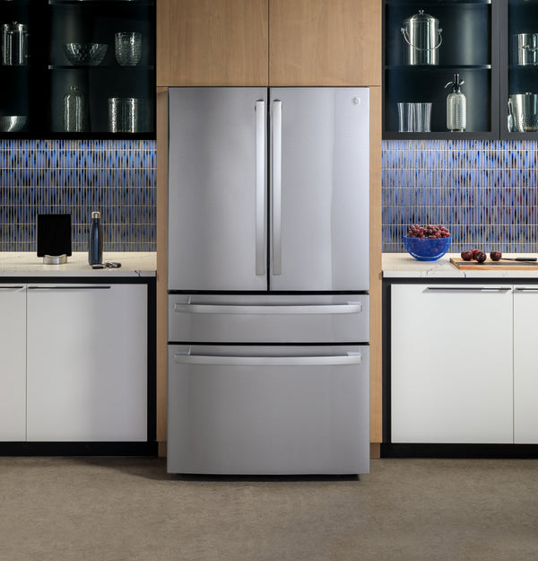 GE Profile Counter-Depth 23.2-cu ft 4 -Door Smart Compatible French Door Refrigerator with Ice Maker with Water Dispenser ( Stainless Steel ) ENERGY STAR Certified