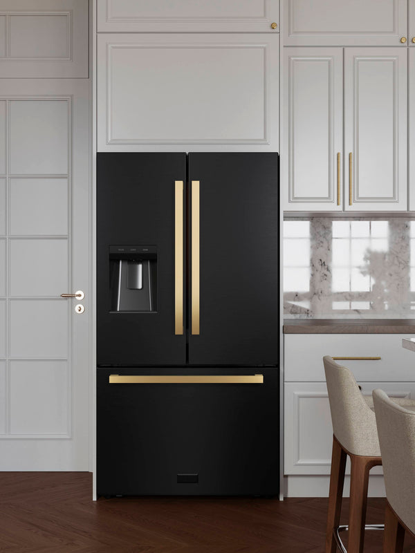 ZLINE KITCHEN & BATH Standard-Depth 28.9-cu ft 3 -Door French Door Refrigerator with Ice Maker with Water and Ice Dispenser ( Black Stainless Steel with Flat Polished Gold Handle ) ENERGY STAR Certified