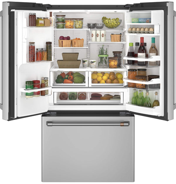 Cafe Standard-Depth Hot Water Dispenser 27.8-cu ft 3 -Door Smart Compatible French Door Refrigerator with Ice Maker with Water and Ice Dispenser ( Stainless Steel with Brushed Stainless Handles ) ENERGY STAR Certified