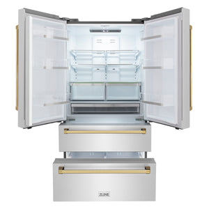 ZLINE KITCHEN & BATH Counter-Depth 22.5-cu ft 4 -Door French Door Refrigerator with Ice Maker with Ice Dispenser ( Stainless Steel w/ Polished Gold accent Handles ) ENERGY STAR Certified