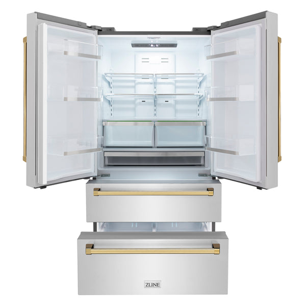 ZLINE KITCHEN & BATH Counter-Depth 22.5-cu ft 4 -Door French Door Refrigerator with Ice Maker with Ice Dispenser ( Stainless Steel w/ Polished Gold accent Handles ) ENERGY STAR Certified