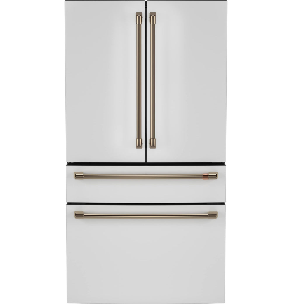 Cafe Standard-Depth Matte White with Brushed Bronze Handles 28.7-cu ft 4 -Door Smart Compatible French Door Refrigerator with Ice Maker with Water Dispenser ( Matte White ) ENERGY STAR Certified