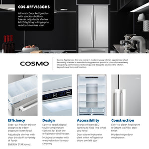 Cosmo Counter-Depth 17.5-cu ft 3 -Door French Door Refrigerator with Ice Maker ( Stainless Steel ) ENERGY STAR Certified