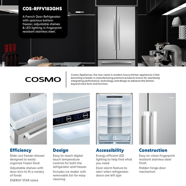Cosmo Counter-Depth 17.5-cu ft 3 -Door French Door Refrigerator with Ice Maker ( Stainless Steel ) ENERGY STAR Certified