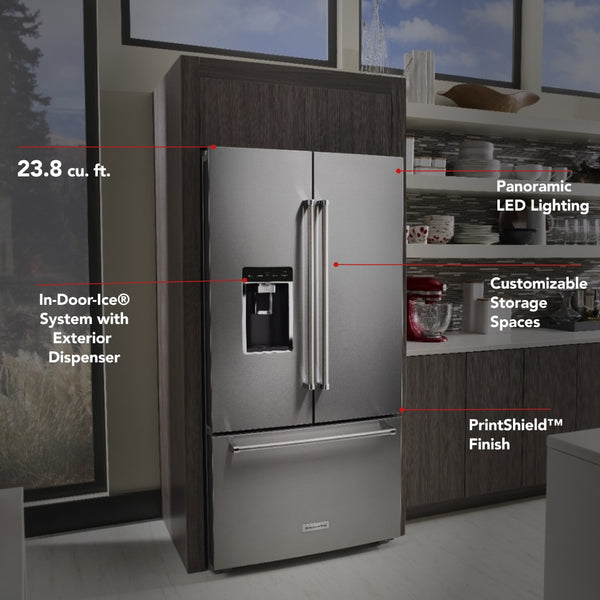 KitchenAid Counter-Depth 23.8-cu ft 3 -Door French Door Refrigerator with Ice Maker with Water and Ice Dispenser ( Stainless Steel with PRINTSHIELD Finish )