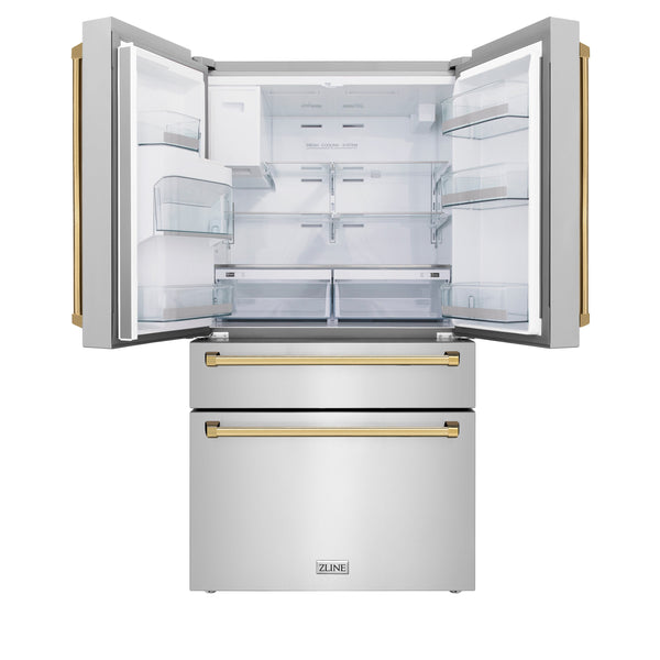 ZLINE KITCHEN & BATH Counter-Depth 21.6-cu ft 4 -Door French Door Refrigerator with Ice Maker with Water Dispenser ( Fingerprint Resistant Stainless Steel with Polished Gold accent Handles ) ENERGY STAR Certified