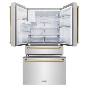 ZLINE KITCHEN & BATH Counter-Depth 21.6-cu ft 4 -Door French Door Refrigerator with Ice Maker with Water Dispenser ( Fingerprint Resistant Stainless Steel with Polished Gold accent Handles ) ENERGY STAR Certified