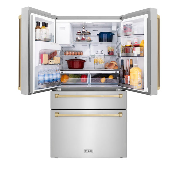ZLINE KITCHEN & BATH Counter-Depth Autograph Edition 21.6-cu ft 4 -Door French Door Refrigerator with Ice Maker with Water Dispenser ( Fingerprint Resistant Stainless Steel with Champagne Bronze accent Handles ) ENERGY STAR Certified