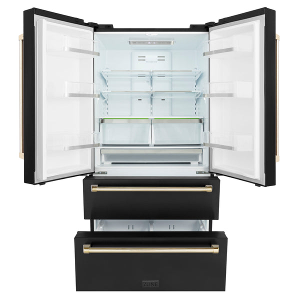 ZLINE KITCHEN & BATH Counter-Depth 22.5-cu ft 4 -Door French Door Refrigerator with Ice Maker with Ice Dispenser ( Fingerprint Resistant Black Stainless Steel with Polished Gold accent Handles ) ENERGY STAR Certified