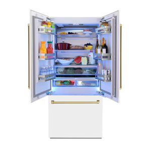 ZLINE KITCHEN & BATH Counter-Depth 19.6-cu ft 3 -Door Built-In French Door Refrigerator with Ice Maker with Water Dispenser ( Stainless Steel with White Matte door and Champagne Bronze Accent handle ) ENERGY STAR Certified