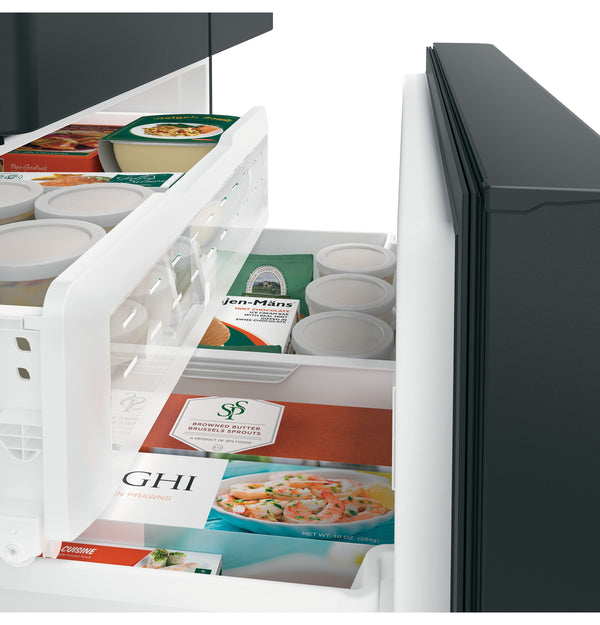 Cafe Standard-Depth 27.8-cu ft 3 -Door Smart Compatible French Door Refrigerator with Ice Maker with Water and Ice Dispenser ( Matte Black with Brushed Stainless Handles ) ENERGY STAR Certified