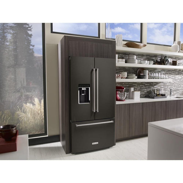 KitchenAid Counter-Depth 23.8-cu ft 3 -Door French Door Refrigerator with Ice Maker with Water and Ice Dispenser ( Black Stainless Steel with PRINTSHIELD Finish )
