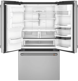 Cafe Standard-Depth Hot Water Dispenser 27.8-cu ft 3 -Door Smart Compatible French Door Refrigerator with Ice Maker with Water and Ice Dispenser ( Stainless Steel with Brushed Stainless Handles ) ENERGY STAR Certified