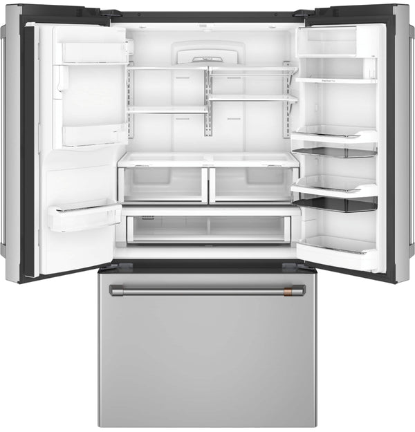 Cafe Standard-Depth Hot Water Dispenser 27.8-cu ft 3 -Door Smart Compatible French Door Refrigerator with Ice Maker with Water and Ice Dispenser ( Stainless Steel with Brushed Stainless Handles ) ENERGY STAR Certified