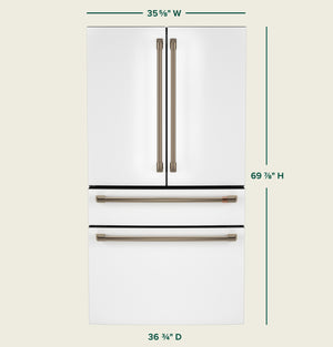 Cafe Standard-Depth Matte White with Brushed Bronze Handles 28.7-cu ft 4 -Door Smart Compatible French Door Refrigerator with Ice Maker with Water Dispenser ( Matte White ) ENERGY STAR Certified