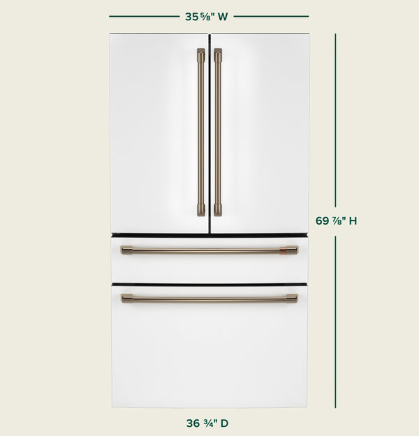 Cafe Standard-Depth Matte White with Brushed Bronze Handles 28.7-cu ft 4 -Door Smart Compatible French Door Refrigerator with Ice Maker with Water Dispenser ( Matte White ) ENERGY STAR Certified