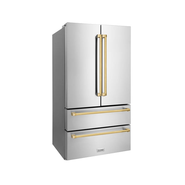 ZLINE KITCHEN & BATH Counter-Depth 22.5-cu ft 4 -Door French Door Refrigerator with Ice Maker with Ice Dispenser ( Stainless Steel w/ Polished Gold accent Handles ) ENERGY STAR Certified