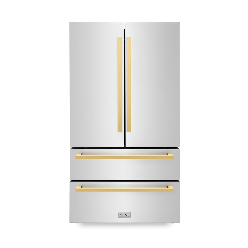 ZLINE KITCHEN & BATH Counter-Depth 21.6-cu ft 4 -Door French Door Refrigerator with Ice Maker with Ice Dispenser ( Stainless Steel with Flat Polished Gold Handle ) ENERGY STAR Certified