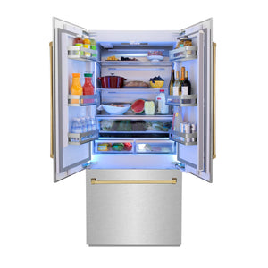 ZLINE KITCHEN & BATH Counter-Depth 19.6-cu ft 3 -Door Built-In French Door Refrigerator with Ice Maker with Water Dispenser ( Satin Stainless Steel, Polished Gold Handle ) ENERGY STAR Certified