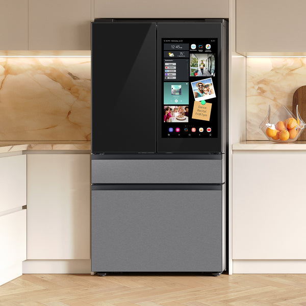 Samsung Bespoke Standard-Depth Family Hub 28.6-cu ft 4 -Door Smart Compatible French Door Refrigerator with Dual Ice Maker with Water Dispenser ( Charcoal Glass Top with Stainless Steel Bottom Panels ) ENERGY STAR Certified