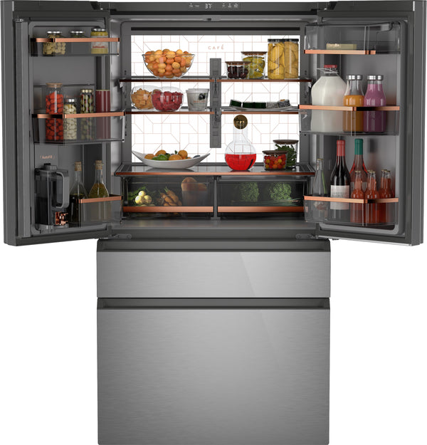 Cafe Counter-Depth 23.2-cu ft 4 -Door Smart Compatible French Door Refrigerator with Ice Maker with Water Dispenser ( Platinum Glass ) ENERGY STAR Certified