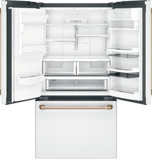 Cafe Standard-Depth 27.8-cu ft 3 -Door Smart Compatible French Door Refrigerator with Ice Maker with Water and Ice Dispenser ( Matte White with Brushed Bronze Handles ) ENERGY STAR Certified