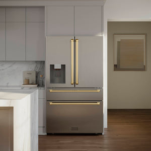 ZLINE KITCHEN & BATH Counter-Depth 21.6-cu ft 4 -Door French Door Refrigerator with Ice Maker with Water Dispenser ( Fingerprint Resistant Stainless Steel with Polished Gold accent Handles ) ENERGY STAR Certified