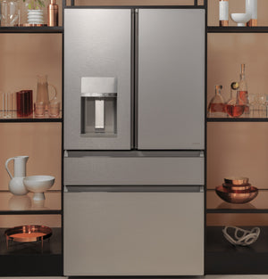 Cafe Standard-Depth Modern Glass 27.8-cu ft 4 -Door Smart Compatible French Door Refrigerator with Ice Maker with Water and Ice Dispenser ( Platinum Glass ) ENERGY STAR Certified
